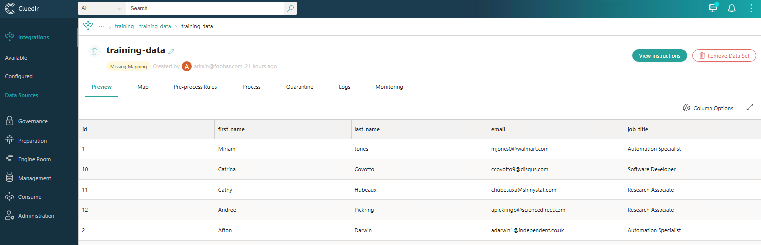 Preview tab of the training-data data set in CluedIn showing the records received from the pipeline
