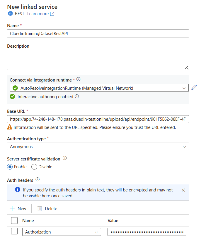 New linked service pane for REST with the CluedIn endpoint Base URL, Anonymous authentication, and an Authorization auth header