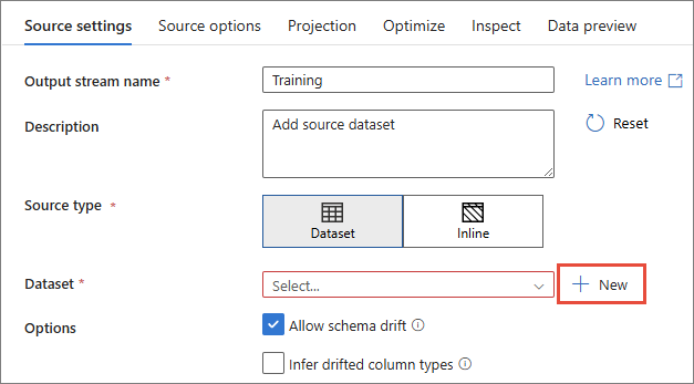The Source settings tab with output stream name Training, source type Dataset and the + New button next to Dataset highlighted