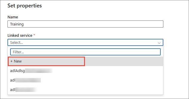 The Set properties pane with name Training and the Linked service dropdown open, + New highlighted