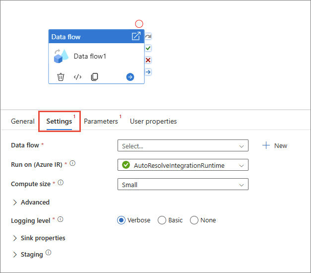 A Data flow activity on the pipeline canvas with its Settings tab highlighted, showing the Data flow, Run on (Azure IR) and Compute size fields
