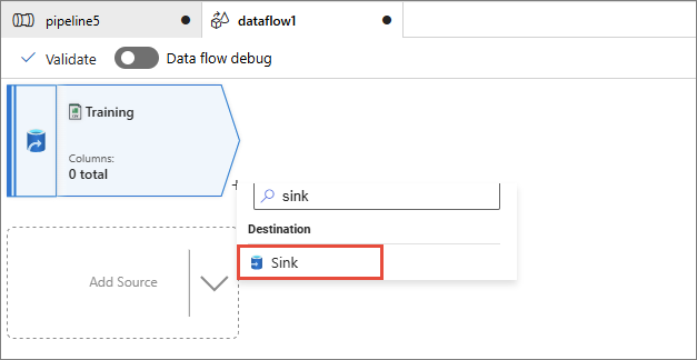 The plus menu next to the Training source searched for sink, with Sink highlighted under Destination