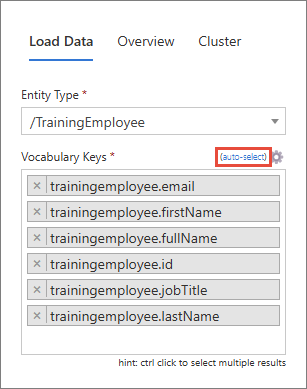 The Load Data tab with entity type /TrainingEmployee and all its vocabulary keys added using the highlighted auto-select option