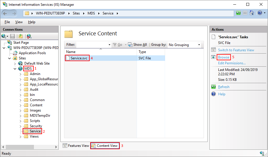 IIS Manager with numbered steps: select the MDS site, the Service folder, Content View, Service.svc, then Browse
