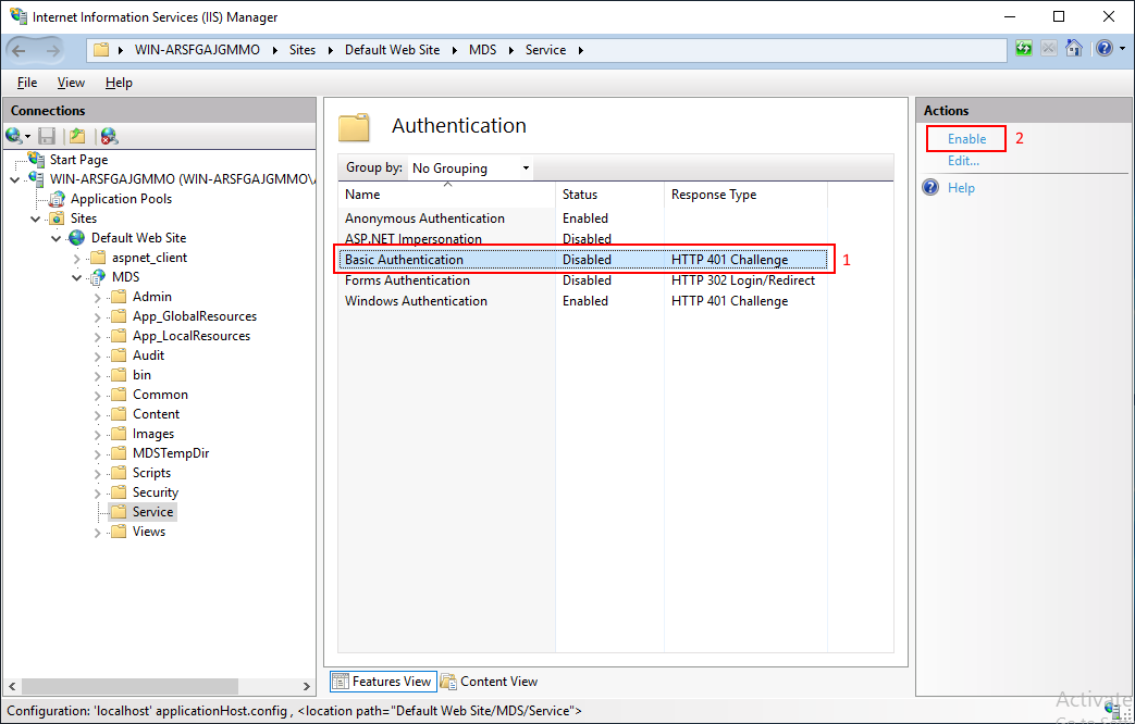 IIS Manager Authentication list for the Service folder with Basic Authentication selected and Enable highlighted in Actions