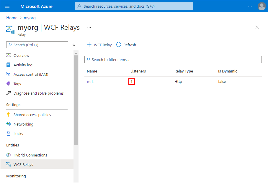The WCF Relays list in the Azure portal, showing the mds relay with 1 listener highlighted