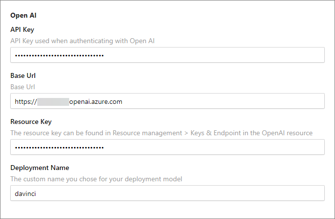Open AI section of Administration Settings with API Key, Base Url, Resource Key, and Deployment Name fields filled in