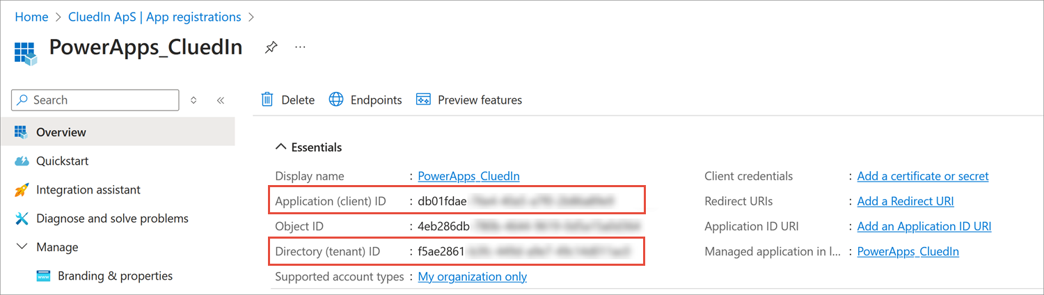 Overview page of the PowerApps_CluedIn app registration with the Application (client) ID and Directory (tenant) ID highlighted