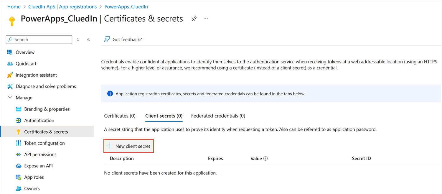 Certificates and secrets page, Client secrets tab, with the New client secret button highlighted