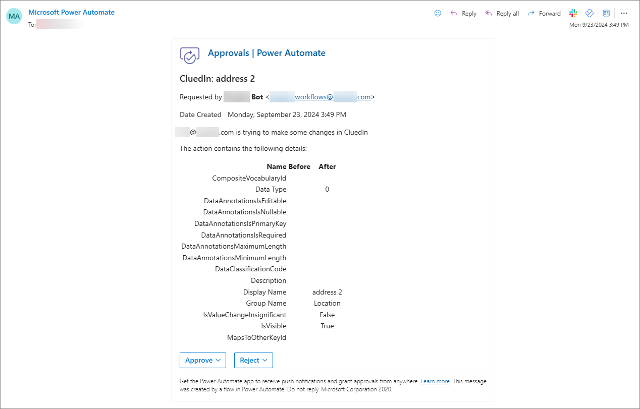 A Power Automate approval email in Outlook for a CluedIn vocabulary key change, listing before and after values with Approve and Reject buttons