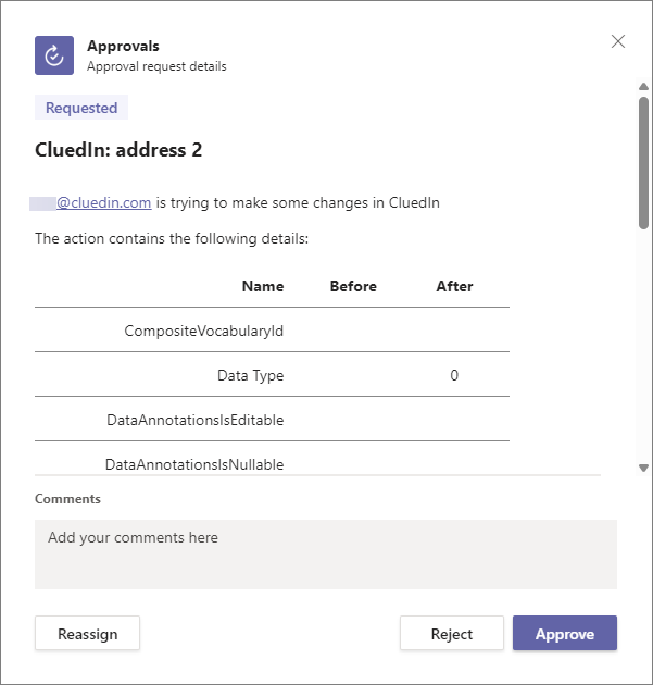 The Approvals app in Teams showing a CluedIn change request with its details, a comments box, and Reassign, Reject and Approve buttons