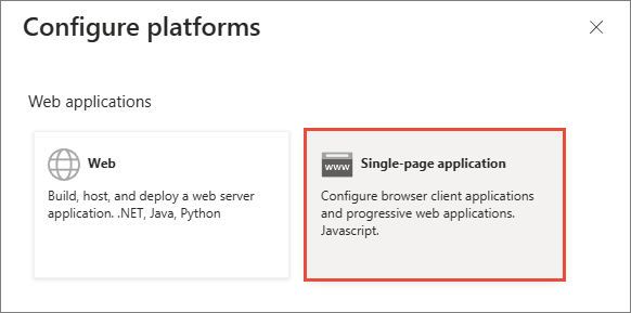 Configure platforms pane with Single-page application highlighted