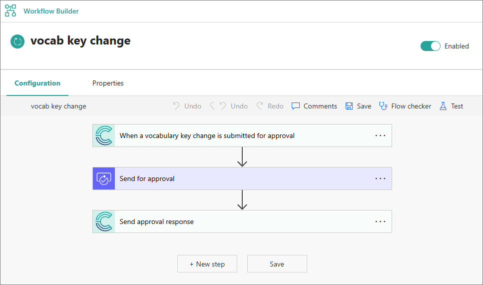 Workflow Builder in CluedIn with three steps: When a vocabulary key change is submitted for approval, Send for approval, Send approval response