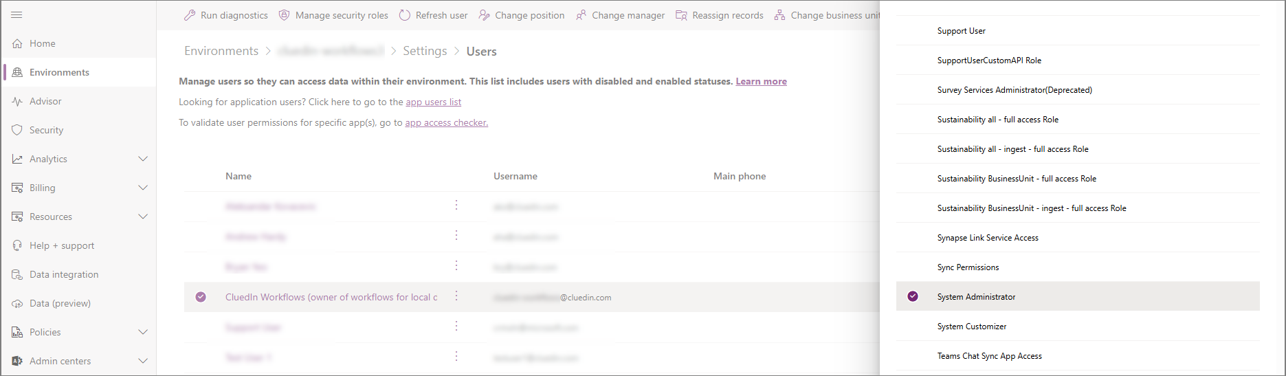 Manage security roles pane for the workflow user with System Administrator selected