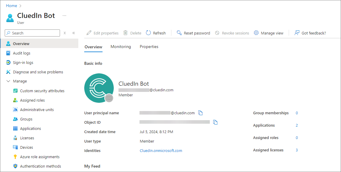 Overview page of the CluedIn Bot user in Microsoft Entra ID showing its user principal name and member user type