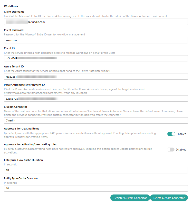Workflows settings in CluedIn with Client Username, Client Password, Client ID, Azure Tenant ID, Environment ID, CluedIn Connector, approval toggles, cache durations, and Register Custom Connector button