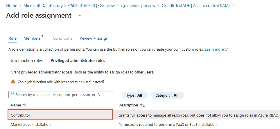 Add role assignment page for the data factory with the Contributor role highlighted under Privileged administrator roles