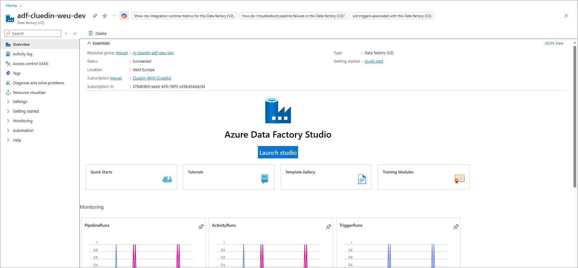 Overview page of the adf-cluedin-weu-dev Azure Data Factory resource in the Azure portal, with the Launch studio button