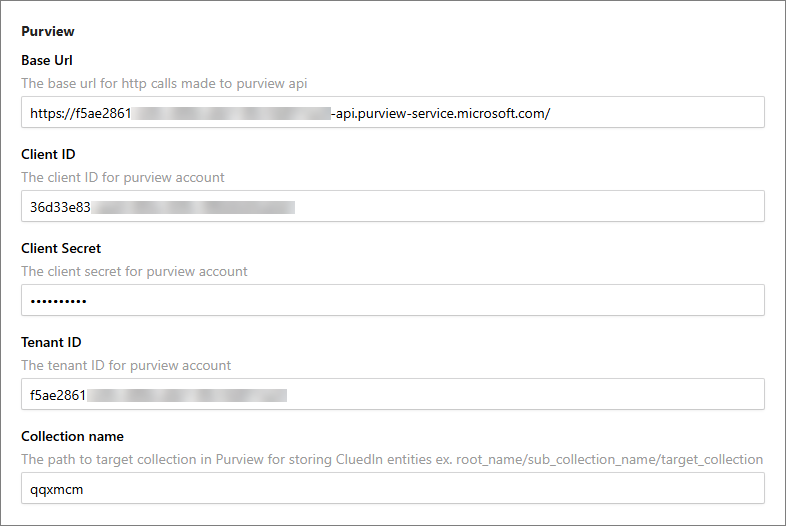 Purview settings in CluedIn with Base Url, Client ID, Client Secret, Tenant ID and Collection name filled in