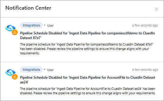 CluedIn Notification Center with Pipeline Schedule Disabled messages for two ingestion pipelines