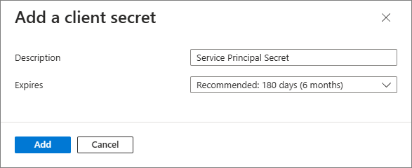 The Add a client secret pane with a Description entered and Expires set to the recommended 180 days