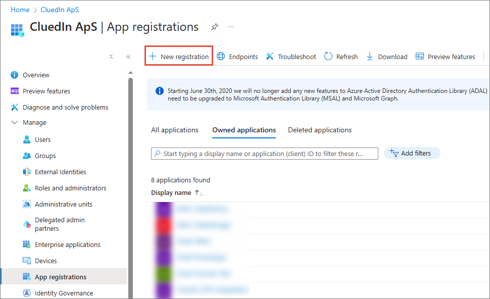 The App registrations page in Microsoft Entra ID, with + New registration highlighted in the toolbar