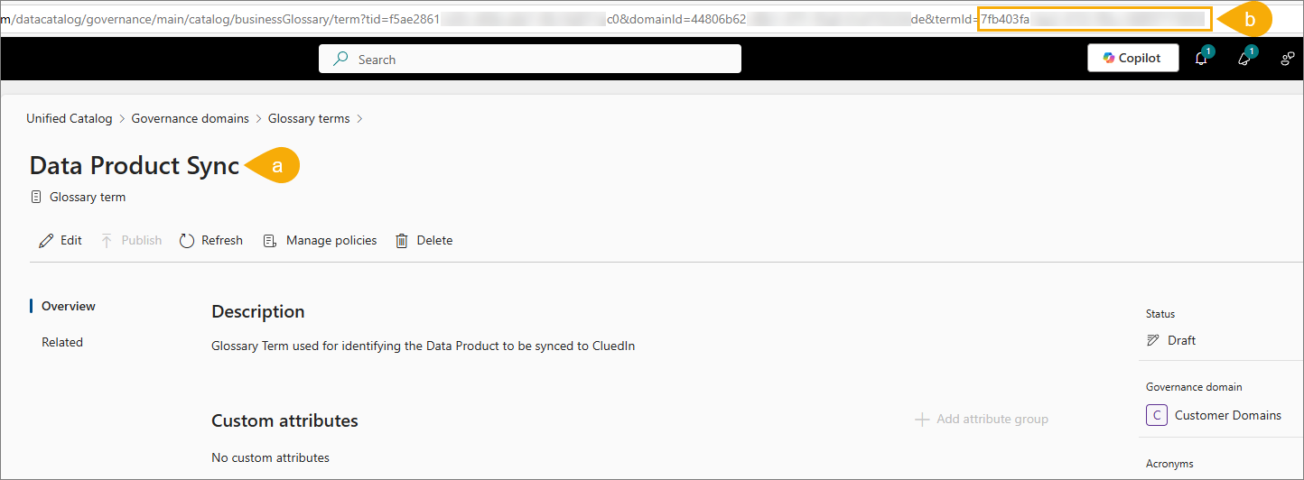 The Data Product Sync glossary term page, with callout a on the term name and callout b on the termId value in the browser URL
