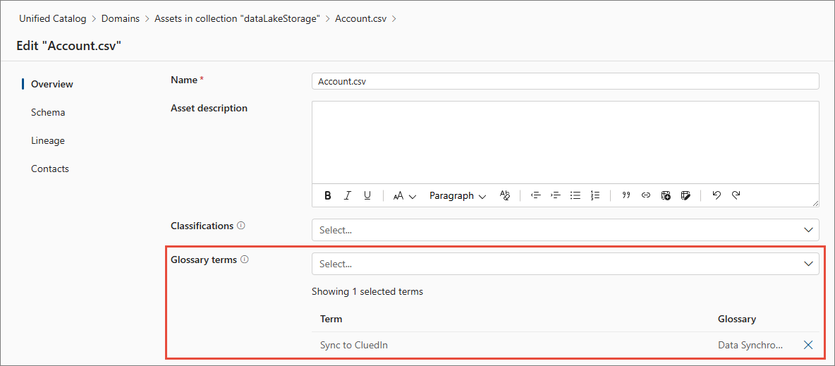 Editing the Account.csv asset in Purview, with the Sync to CluedIn term selected under Glossary terms highlighted