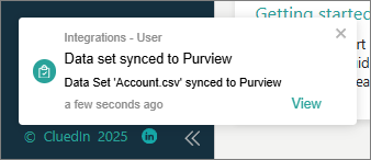A notification: Data set synced to Purview, Data Set Account.csv synced to Purview