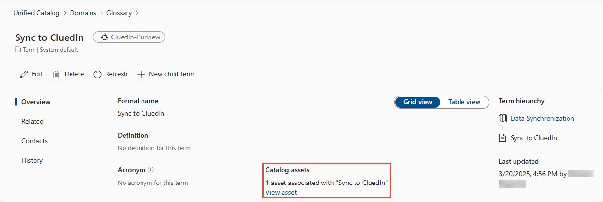 The Sync to CluedIn term page with Catalog assets highlighted, showing one associated asset and a View asset link