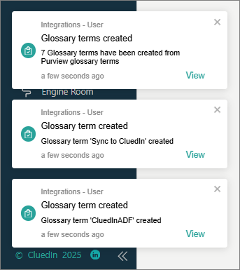 Notifications that glossary terms were created in CluedIn from Purview glossary terms, including Sync to CluedIn and CluedInADF