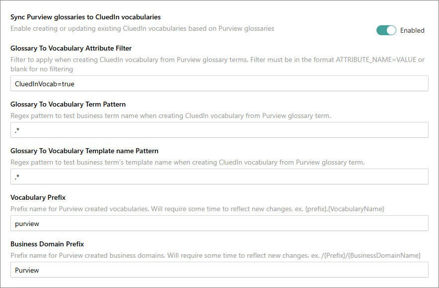 Purview settings in CluedIn with Sync Purview glossaries to CluedIn vocabularies Enabled, attribute filter CluedInVocab=true, and default patterns and prefixes