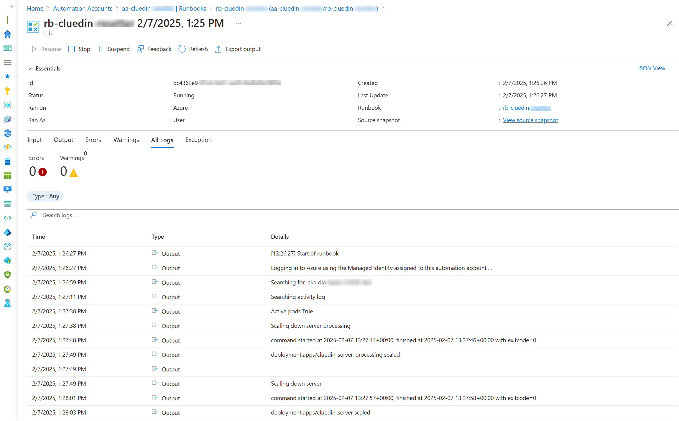Runbook job page on the All Logs tab, listing output entries as the runbook scales down CluedIn deployments