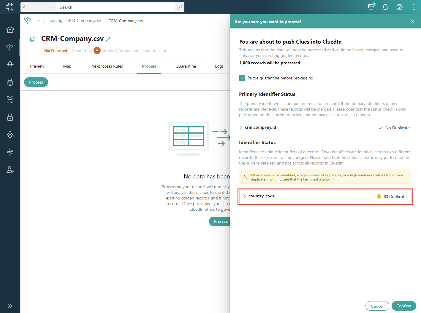 The process confirmation pane, where Identifier Status flags country_code with 83 duplicates while the primary identifier crm.company.id has no duplicates