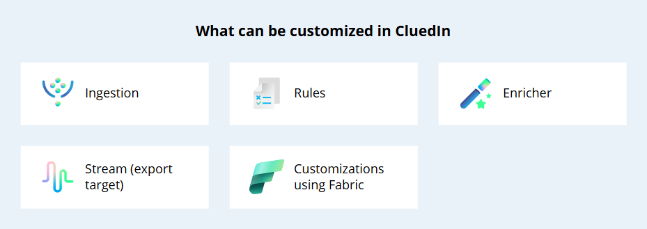 What can be customized in CluedIn: ingestion, rules, enricher, stream (export target), and customizations using Fabric