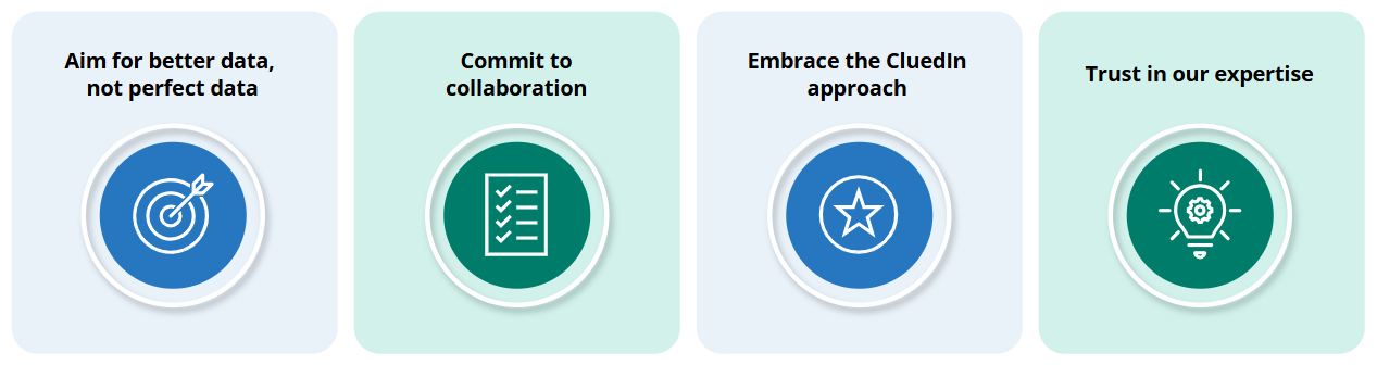 Four guiding principles: aim for better data, not perfect data; commit to collaboration; embrace the CluedIn approach; trust in our expertise