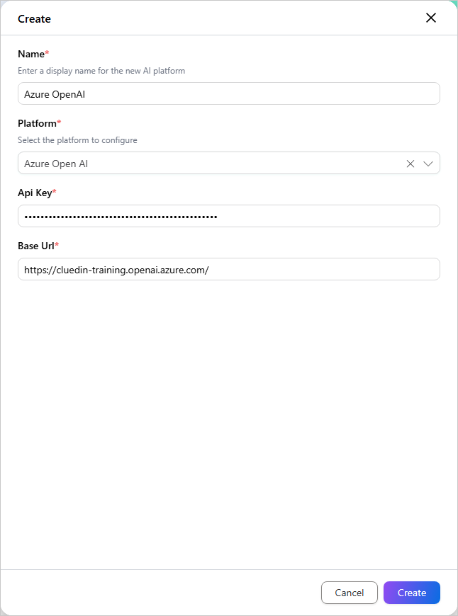 Create platform pane with name Azure OpenAI, platform Azure Open AI, an API key, and the Base Url of the Azure OpenAI resource