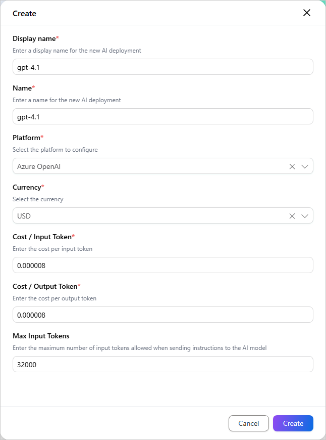Create deployment pane for gpt-4.1 on the Azure OpenAI platform, with currency, cost per input and output token, and max input tokens