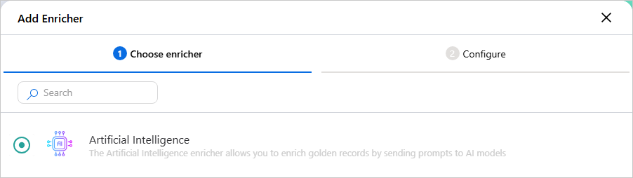 Choose enricher tab of the Add Enricher pane with Artificial Intelligence selected