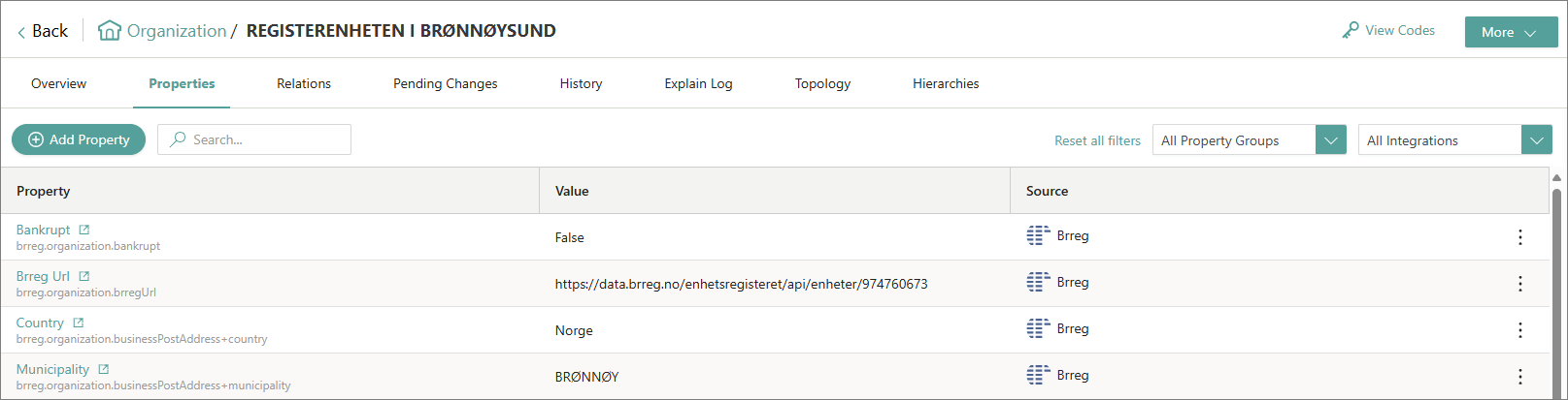 Golden record Properties page listing properties from the Brreg source, such as Bankrupt, Brreg Url, Country and Municipality
