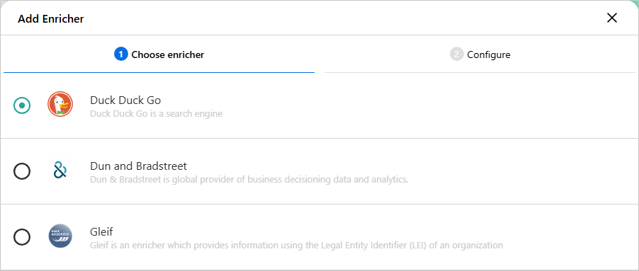 The Add Enricher dialog on the Choose enricher tab, with Duck Duck Go selected