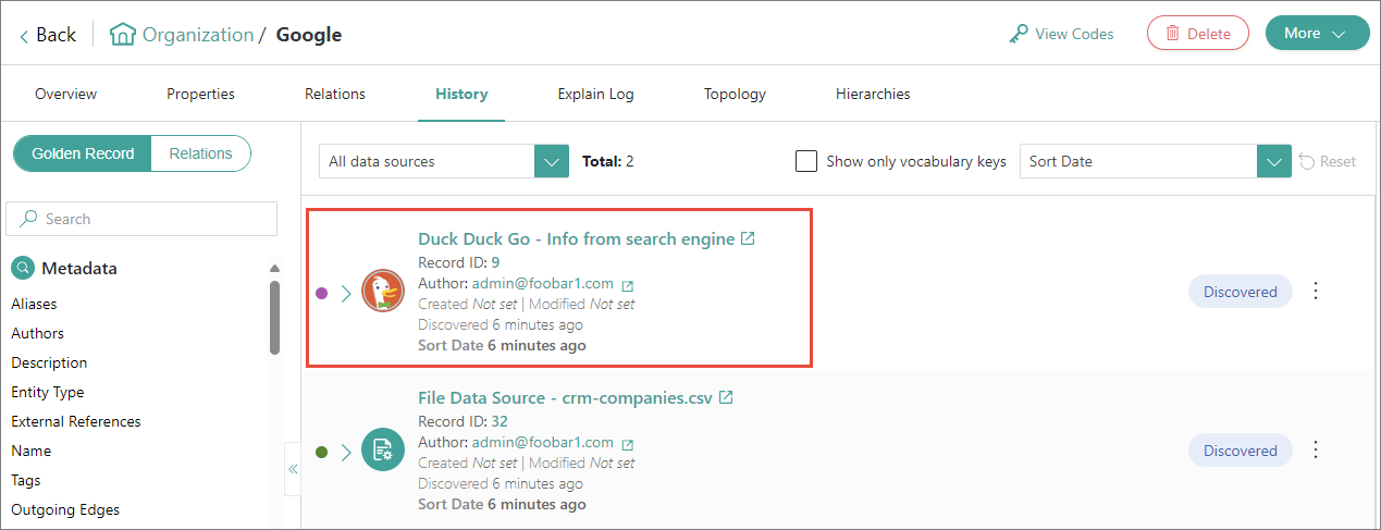 Golden record History page with the data part Duck Duck Go - Info from search engine highlighted above the file data source part