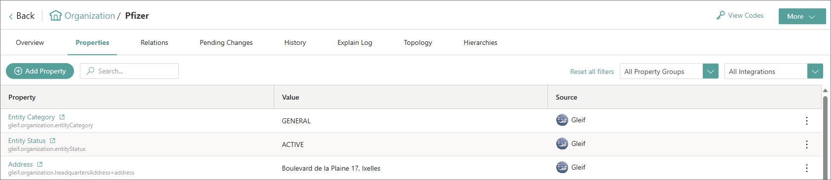 Properties page of the Pfizer golden record showing properties such as Entity Category, Entity Status and Address with Gleif as the source
