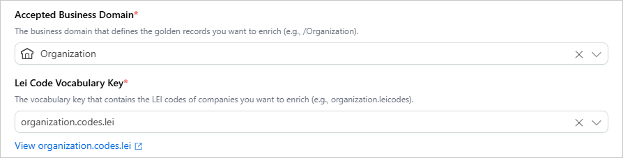 Gleif enricher configuration with Accepted Business Domain set to Organization and Lei Code Vocabulary Key set to organization.codes.lei