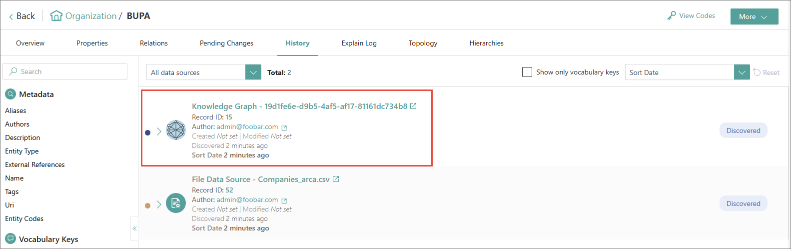 History page of a golden record with the Knowledge Graph data part highlighted above the file data source record