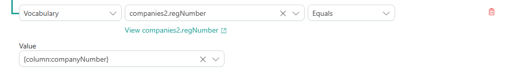 Auto-select condition: Vocabulary companies2.regNumber Equals the value {column:companyNumber}