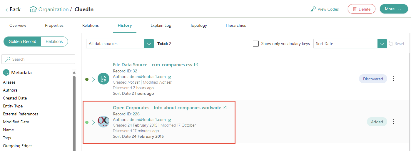Golden record History page with the Open Corporates data part highlighted, showing its record ID, author and sort date