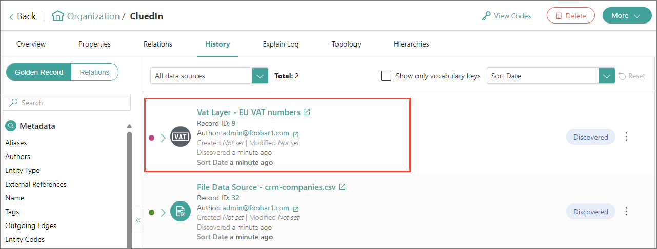 Golden record History page with the data part Vat Layer - EU VAT numbers highlighted above the file data source part