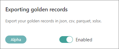 The Exporting golden records feature flag card, an alpha feature, with its toggle set to Enabled