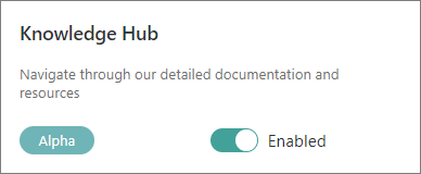 The Knowledge Hub feature flag card, an alpha feature, with its toggle set to Enabled